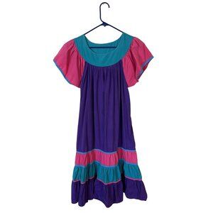 Vtg Womens Colorblock Midi Dress Purple Pink Teal Cotton MuMu Housedress Pockets